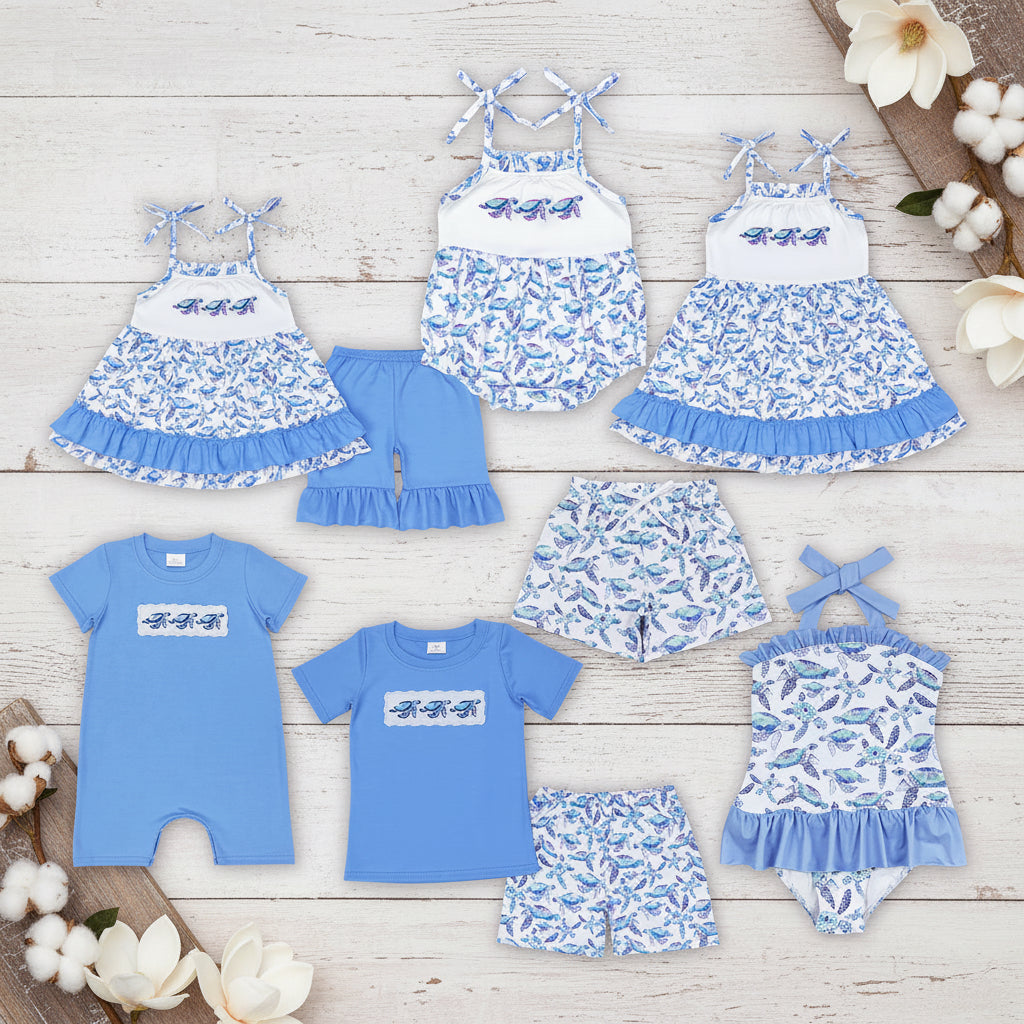 Blue Embroidered Turtle Sets