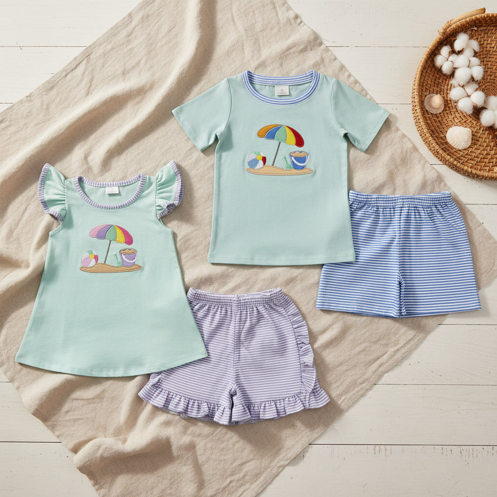 Green Embroidered Beach Stripe Set